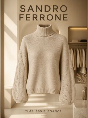 Sandro Ferrone Cream Turtleneck Cable-Sleeve Sweater sz S/M small